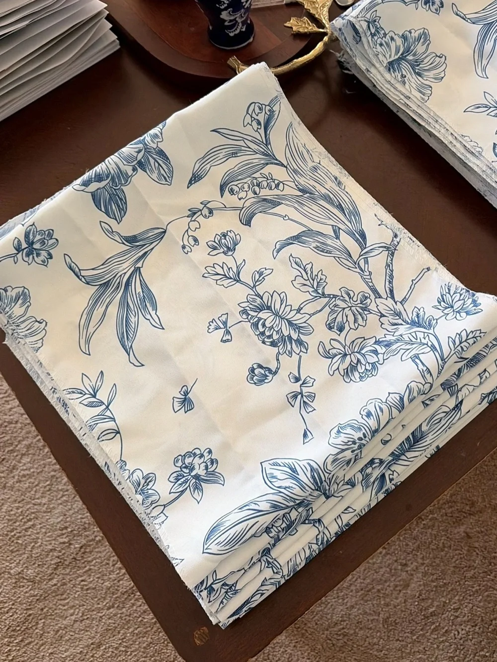 Blue Floral Toile Polyester Table Runner